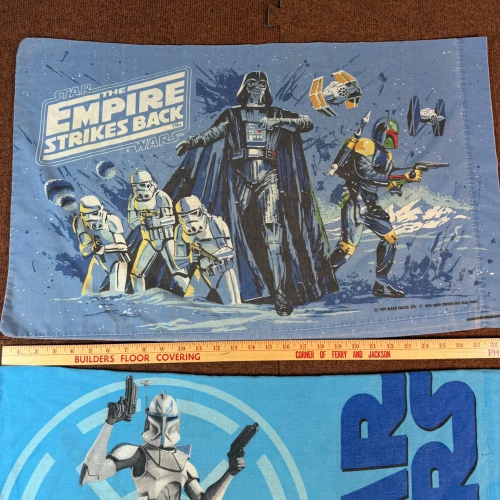 Vintage 1979 Star Wars Empire Strikes Back & Clone Wars Pillowcase Set 2pc Blue